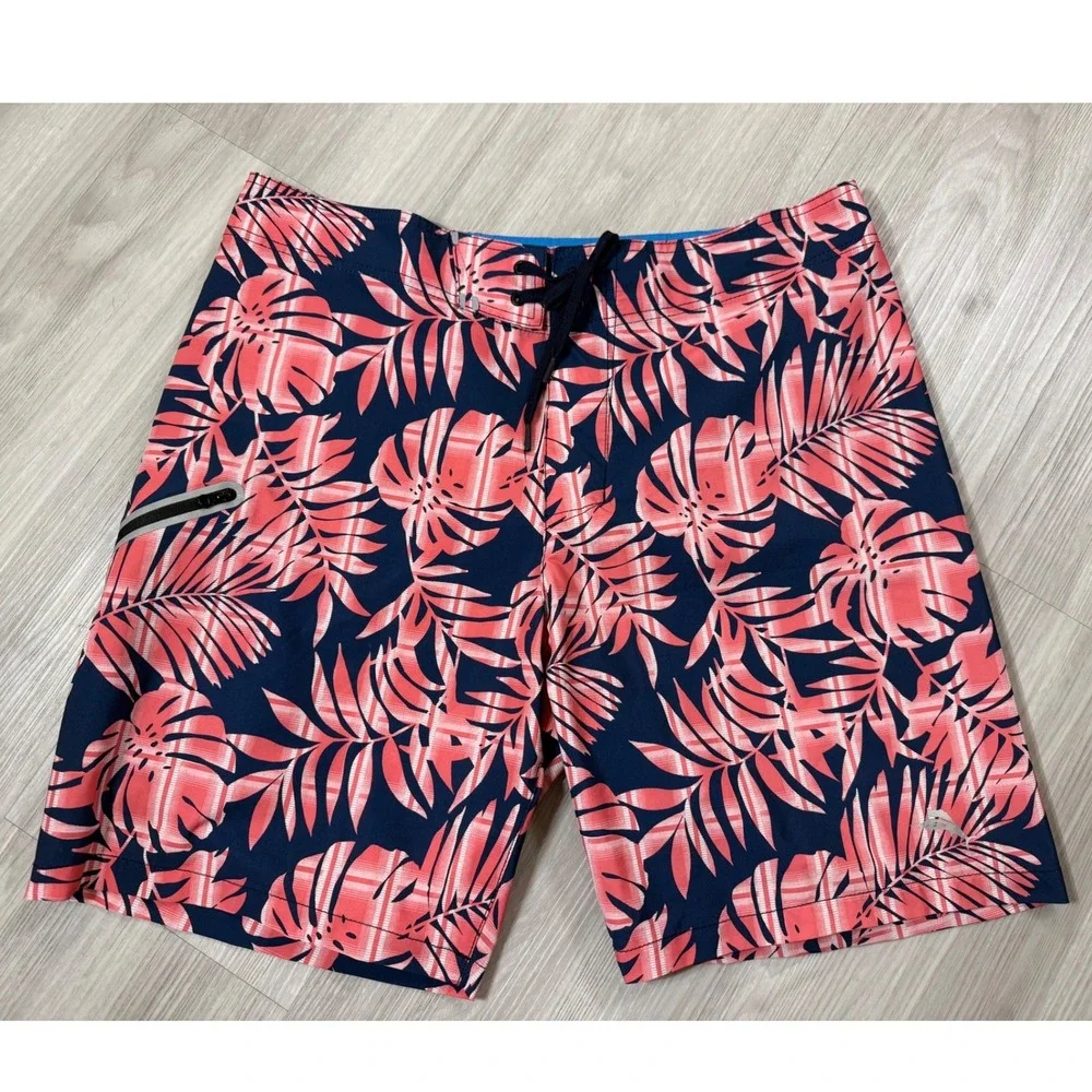 Tommy Bahama Mens 36 Board Shorts Tropical Palm Print Navy Coral Swim Trunks